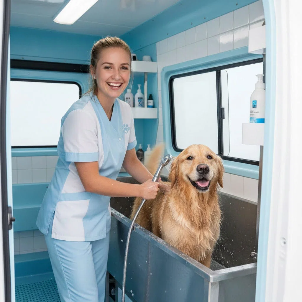 Professional mobile dog grooming service at customer's home in Oakley CA